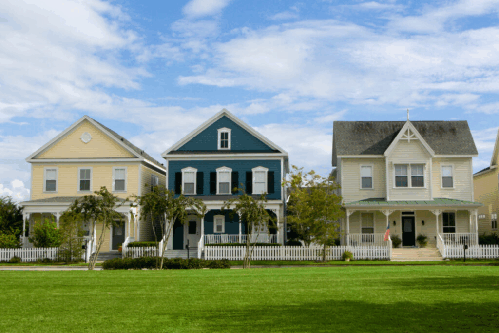 Row of three suburban homes in the United States with bright exteriors and white picket fences, symbolizing the stability and character of the U.S. housing market.